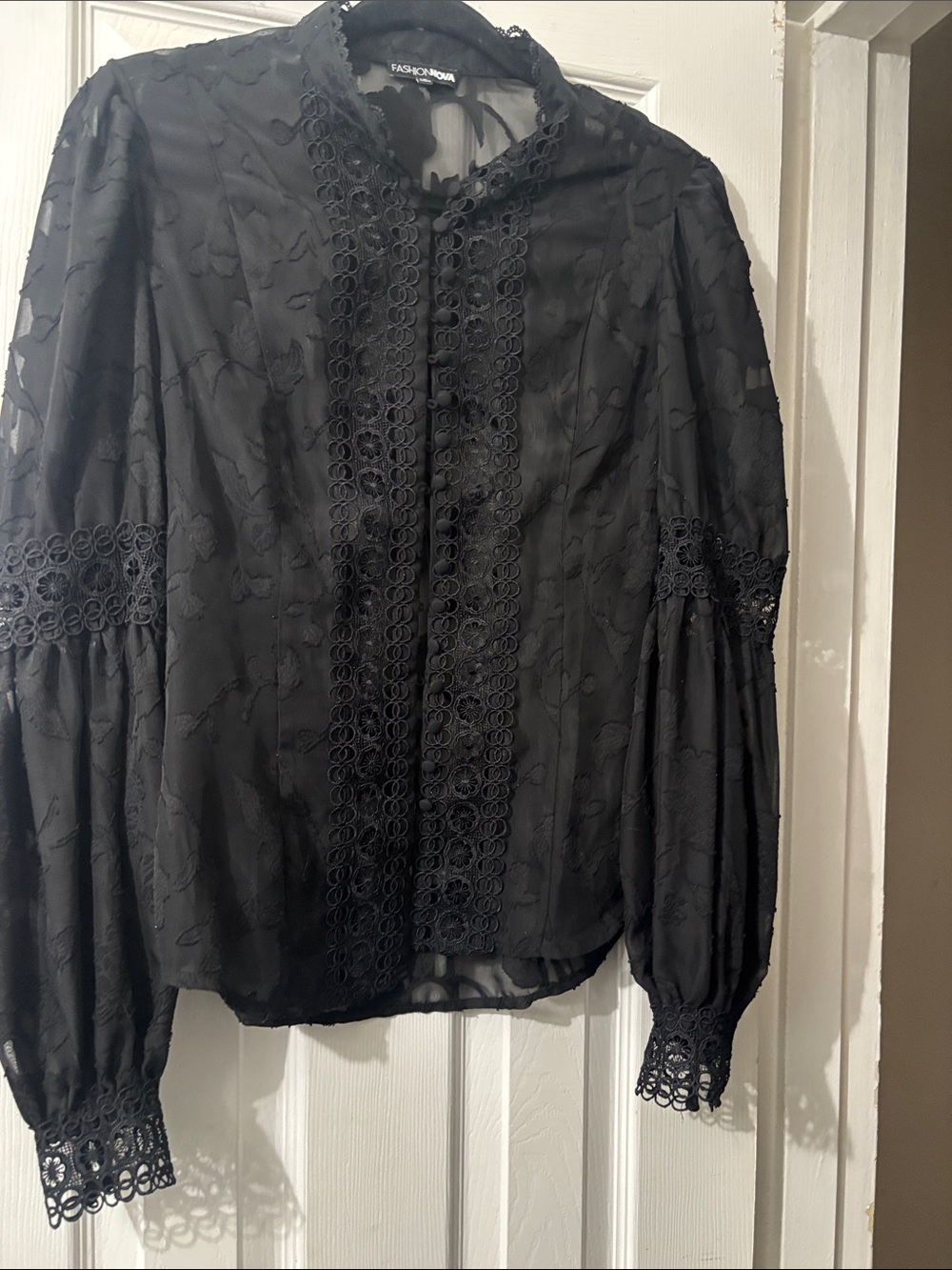Fashion Nova Black Sheer Lace-Detail Blouse